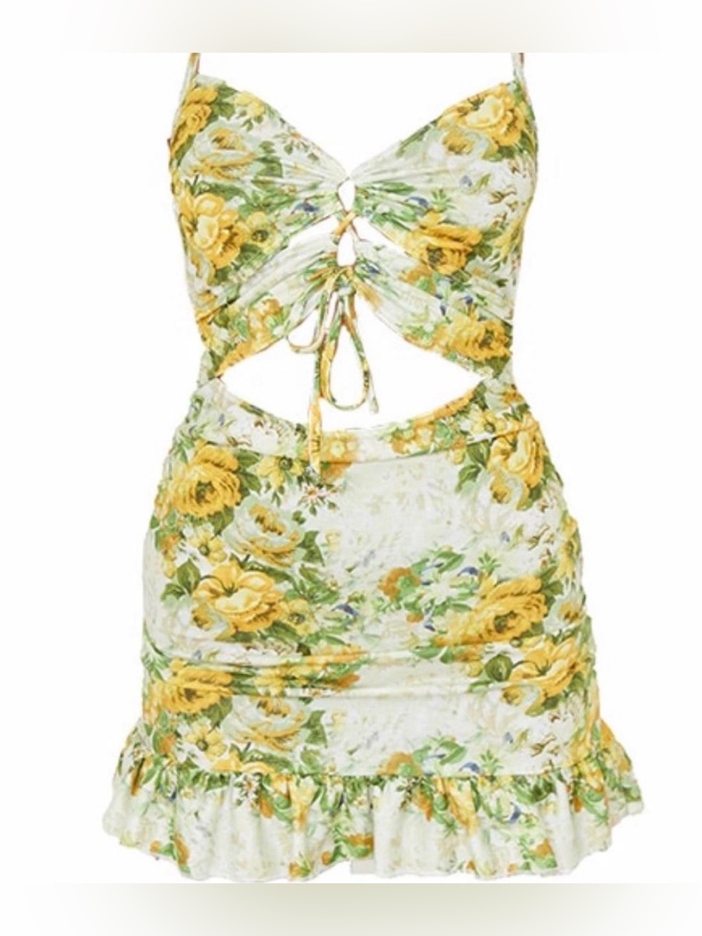PrettyLittleThing Yellow and Green Floral Mini Dress with Cutout Detail Size 12